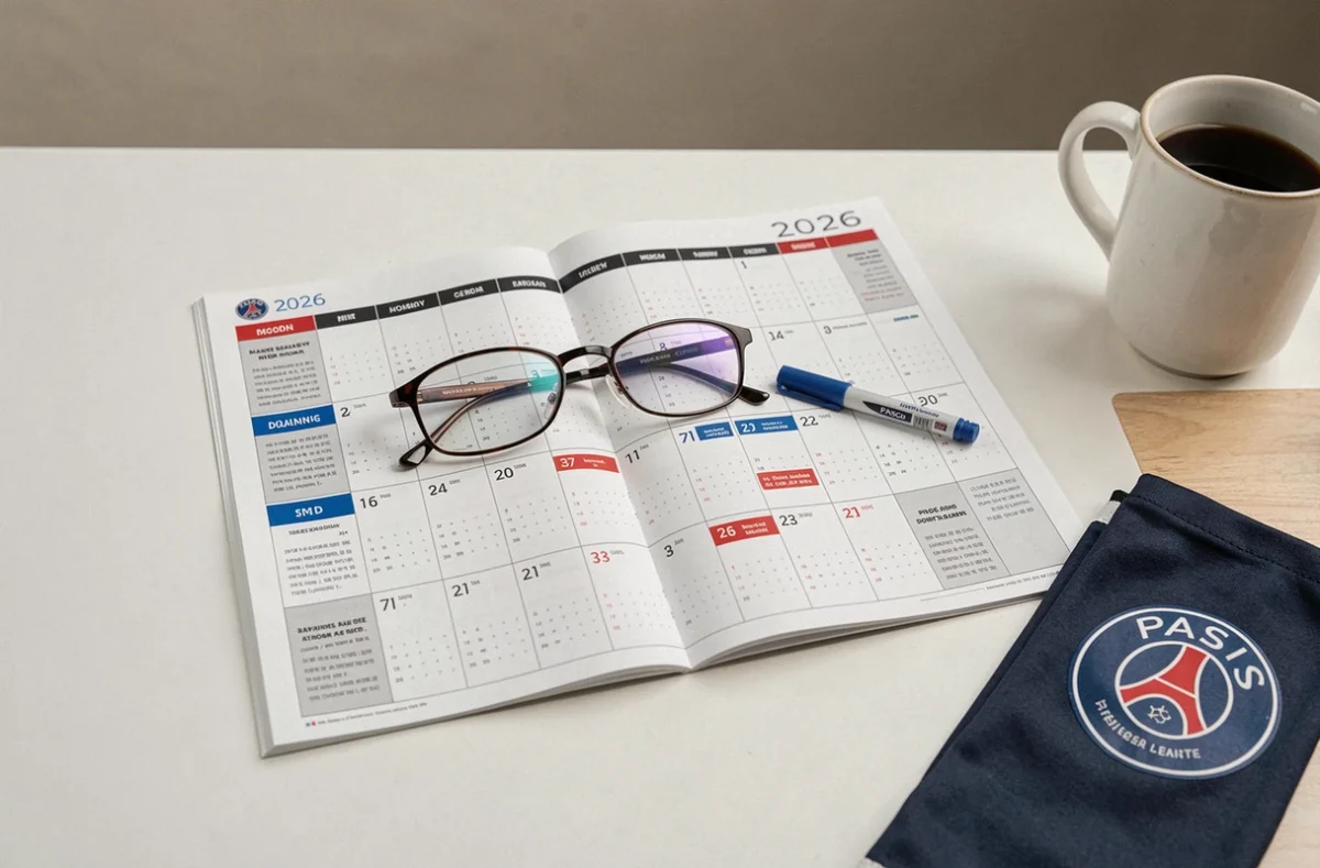 Agenda PSG 2026 imprimable posé sur un bureau avec des dates de matchs surlignées et un scarf du club