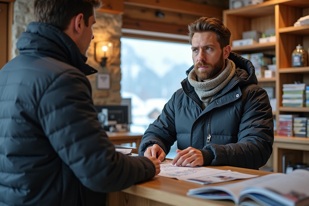 Homme discutant avec agent voyage dans agence montagne