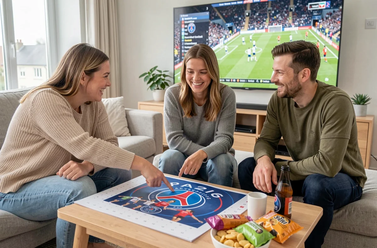 Groupe d'amis planifiant leurs soirées foot PSG avec un agenda 2026 imprimable dans un salon