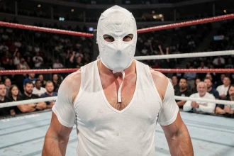 Lutteur masqué en tenue blanche debout au centre d'un ring de catch, ambiance mystérieuse et dramatique