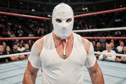 Lutteur masqué en tenue blanche debout au centre d'un ring de catch, ambiance mystérieuse et dramatique