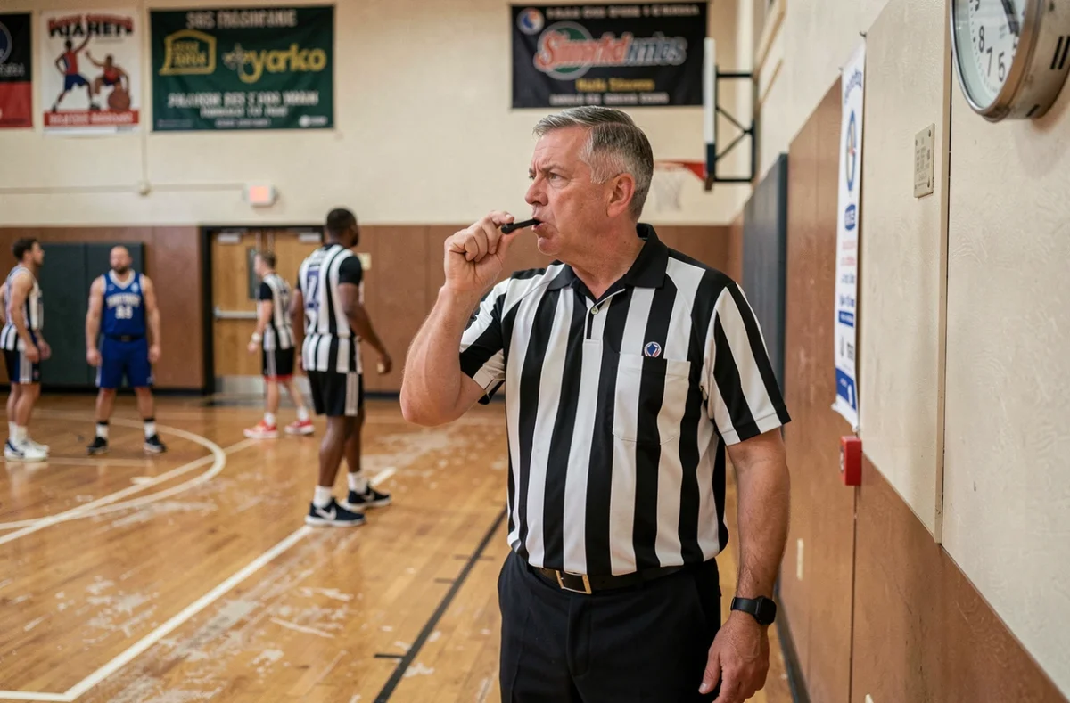 Arbitre de basket loisir signalant le temps avec un sifflet dans un gymnase