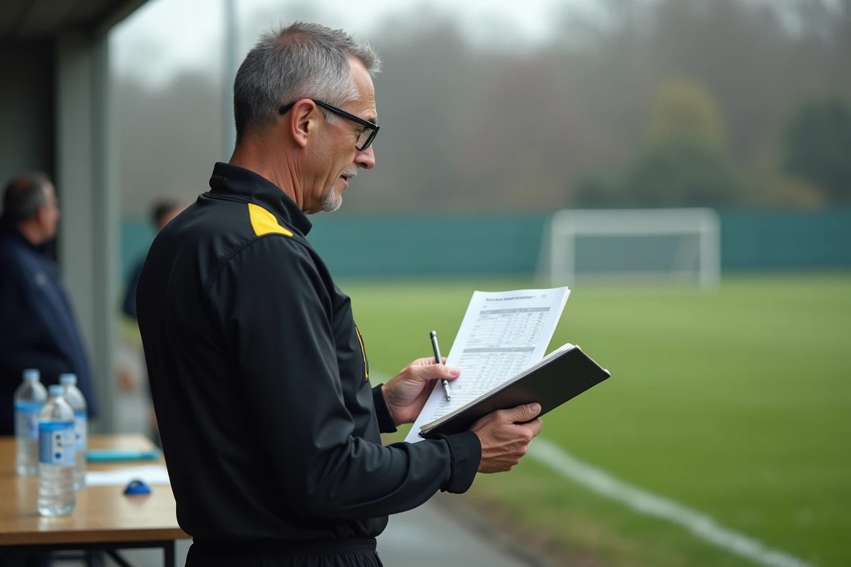 Arbitre de football consultant la feuille de match en bord de terrain dans le district Aisne