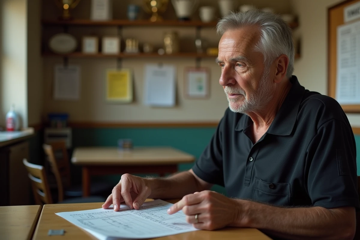 Arbitre amateur en uniforme noir examinant un classement imprimé dans un club rural