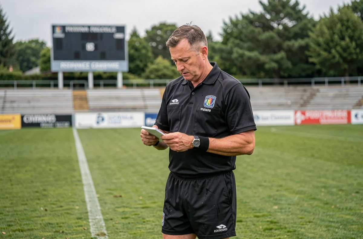 Arbitre officiel consultant ses notes sur un terrain de rugby lors d'une rencontre du classement R1 en Nouvelle-Aquitaine