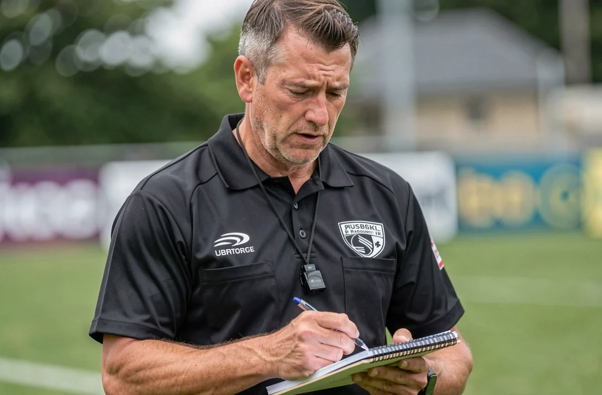 Arbitre de rugby consultant ses notes en bord de terrain lors d'un match de Fédérale 2