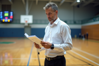 Arbitre masculin en uniforme prêt à officier un match intérieur