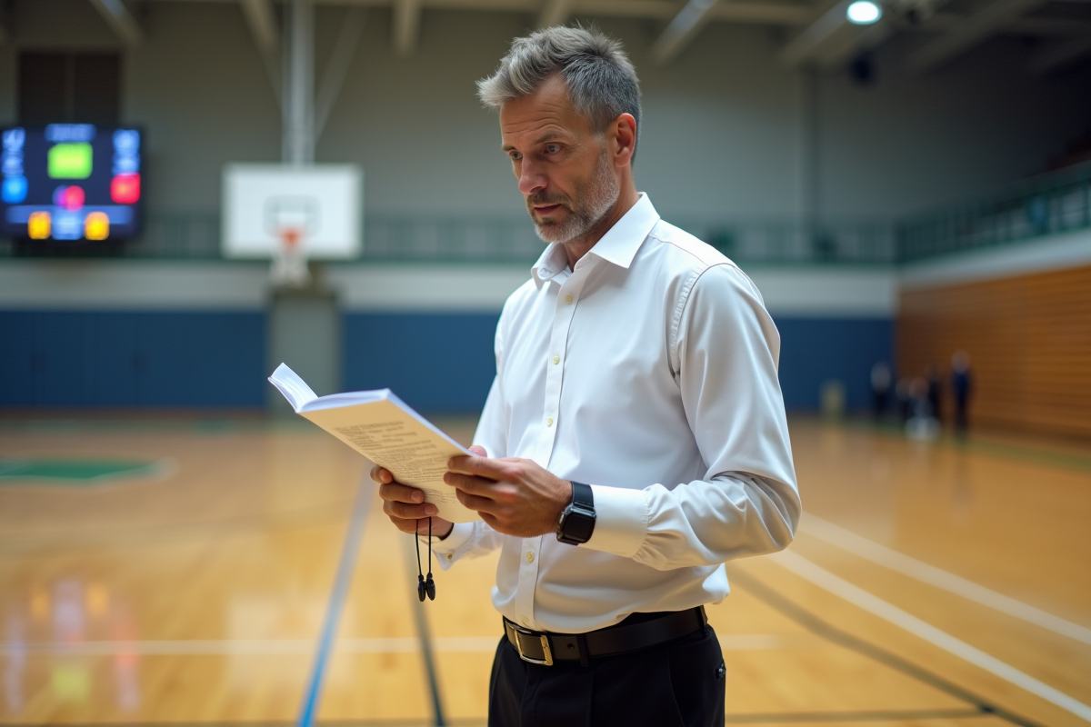 Arbitre masculin en uniforme prêt à officier un match intérieur