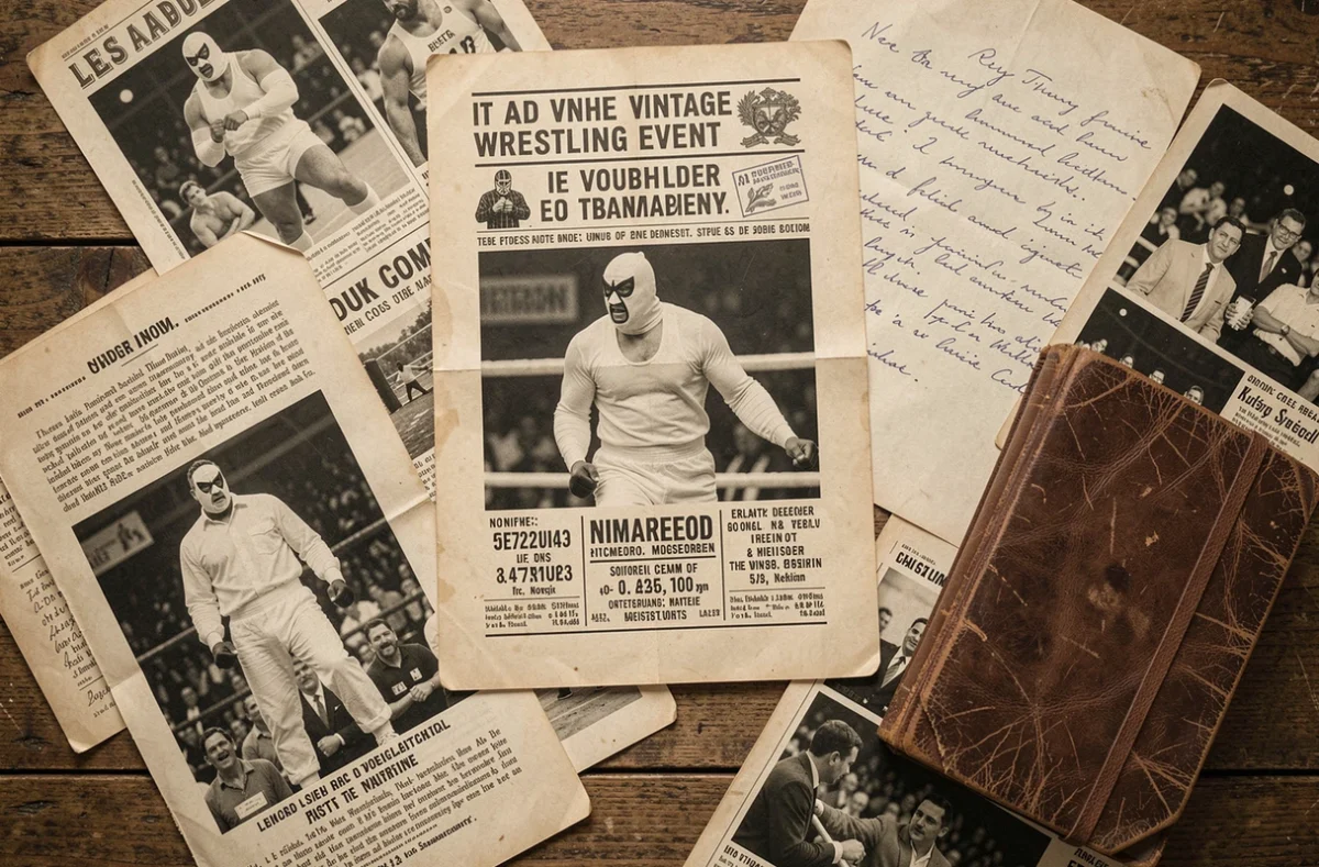 Archives et coupures de presse vintage retraçant la carrière du catcheur masqué Ange Blanc sur une table en bois
