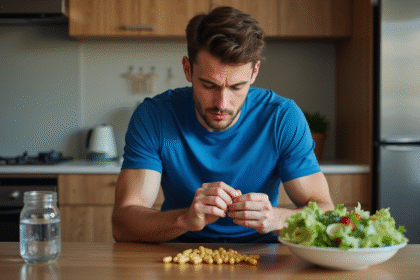 Jeune athlète regardant capsules d omega3 dans la cuisine