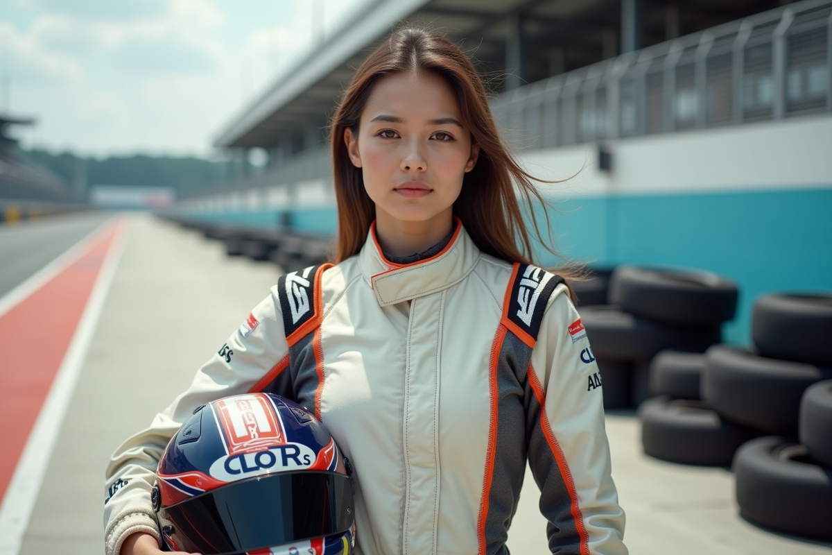 Femme pilote en pit lane avec casque en main