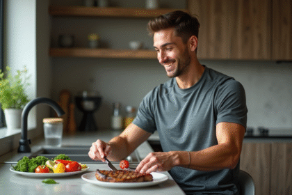 Jeune athlète préparant un repas équilibré dans la cuisine