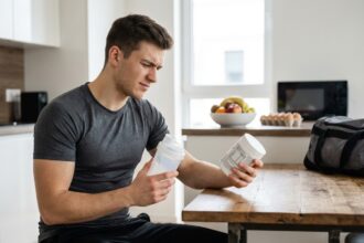 Jeune athlète lisant une étiquette de supplément