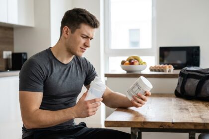 Jeune athlète lisant une étiquette de supplément