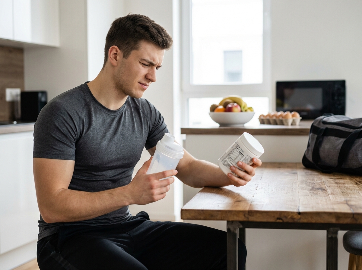 Jeune athlète lisant une étiquette de supplément