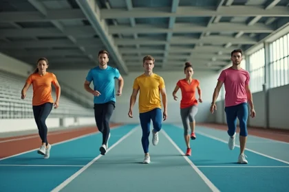 Groupe d'athlètes adultes en échauffement sur la piste d'athlétisme du Complexe sportif Jules Ladoumègue