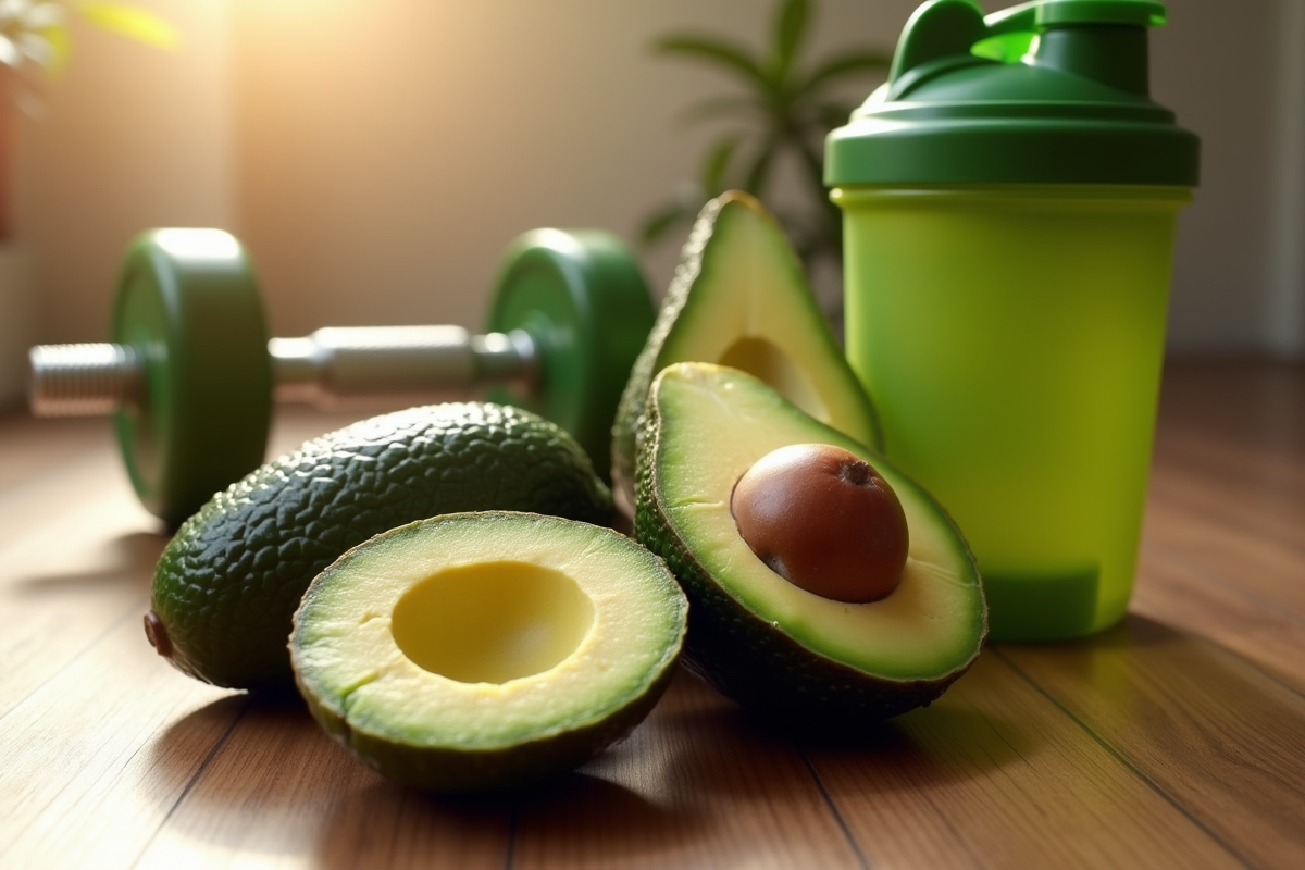 Avocats tranchés avec haltère et shaker sur bois