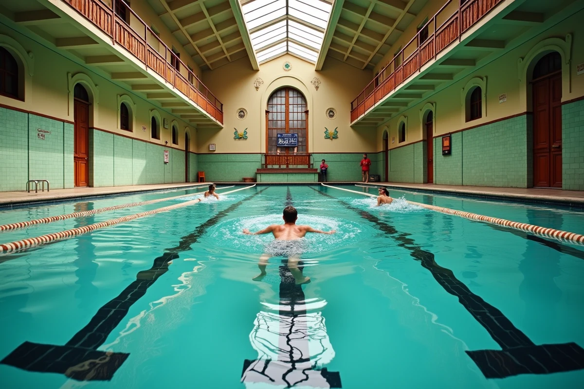 Bassin intérieur Art Nouveau de la piscine de la Butte aux Cailles avec nageurs en séance publique et architecture historique en céramique