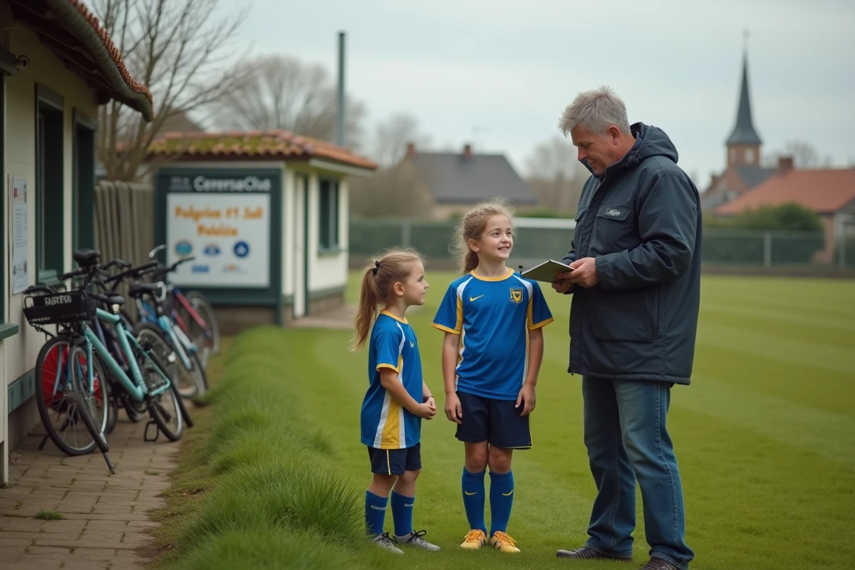 Bénévole discutant avec jeunes joueuses sur le terrain rural