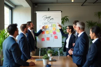 Équipe d'entreprise réunie autour d'un tableau blanc pour brainstormer des noms d'équipe originaux