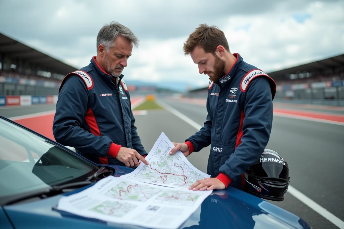 Instructeur et stagiaire analysant un plan de circuit avant une séance de pilotage, en tenue de course dans les stands