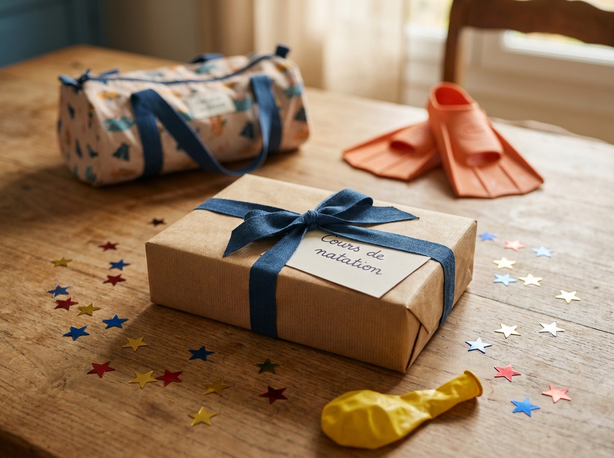 Cadeau d'anniversaire original pour enfant représentant des cours de natation avec carte manuscrite et accessoires de piscine