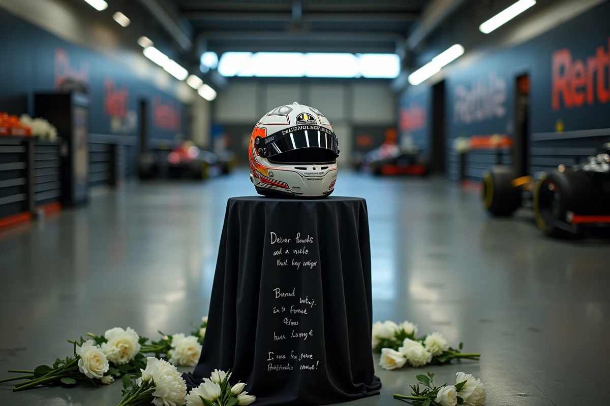 Casque de Formule 1 entouré de fleurs blanches et messages d'adieu lors d'une cérémonie funèbre