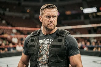 Catcheur professionnel en gilet tactique noir dans une arène vide, regard intense évoquant la légende du catch WWE