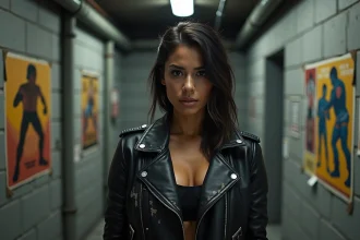 Catcheuse au style rebelle portant une veste en cuir clouté dans les coulisses d'une arène de catch, incarnant une gimmick de guerrière dominante