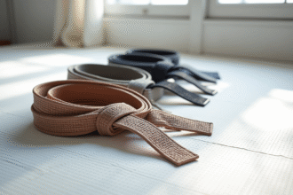 Plusieurs ceintures de JiuJitsu haut de gamme alignées sur un tapis blanc