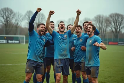 Joueurs de football amateur du district Aisne célébrant un but sur un terrain régional en automne