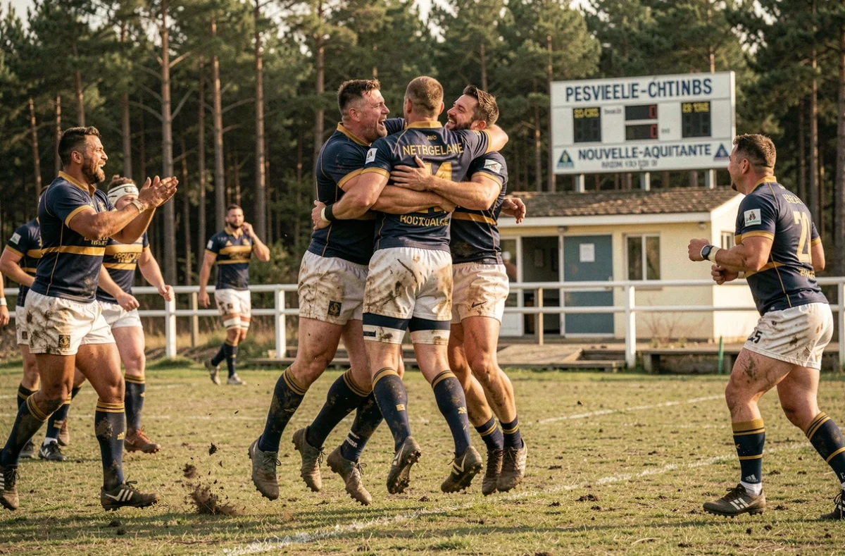 Joueurs de rugby célébrant un essai lors d'un match décisif du classement R1 Nouvelle-Aquitaine en fin de saison 2026