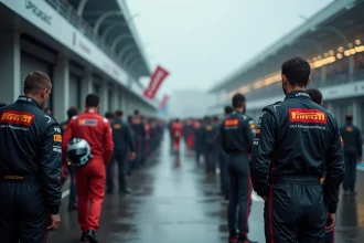 Mécaniciens de Formule 1 en silence recueilli sur le paddock lors d'une cérémonie d'hommage