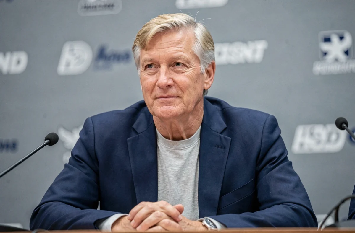 Ancien champion de tennis en conférence de presse, regard posé et élégant, illustrant l'héritage et le parcours de Stefan Edberg dans le tennis moderne