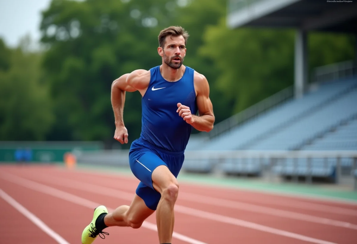 Christophe Lemaitre en pleine course sur piste extérieure