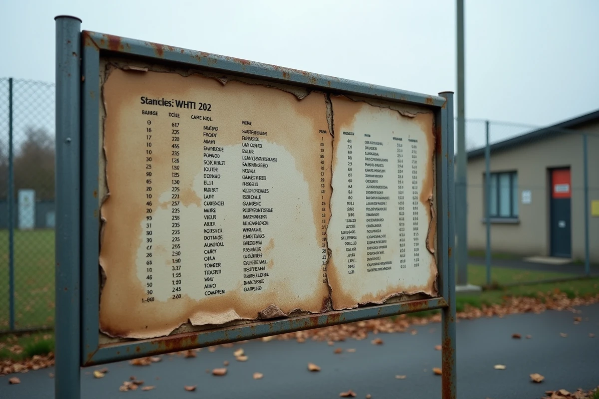 Tableau des classements du district Aisne Football affiché à l'entrée d'un complexe sportif régional
