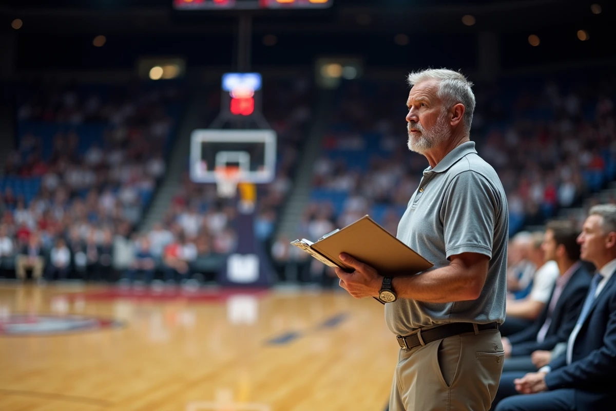 Entraineur de basketball observant le match dans une arene