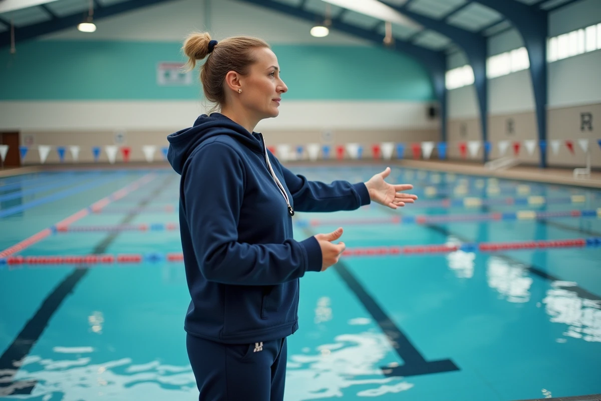 Entraîneuse de natation encadrant une séance de cours à la piscine du Complexe sportif Jules Ladoumègue
