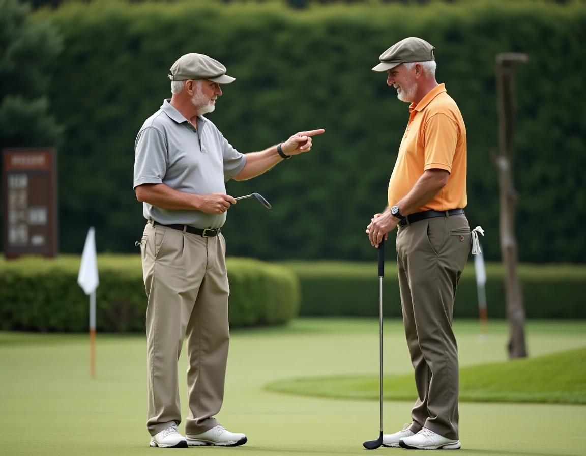 Deux golfeurs adultes lors d'une session de coaching autour du green travaillant la routine de putting et les fondamentaux du jeu court
