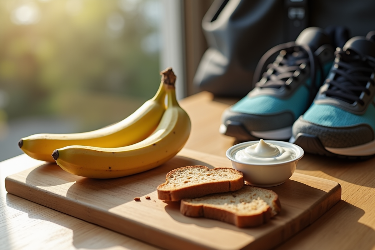 Sélection de snacks sains avec banane toast et yaourt grec sur une table en bois