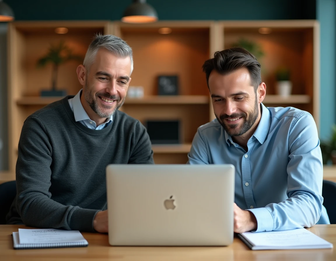 Deux collègues collaborant sur un ordinateur pour trouver un nom d'équipe dans un espace coworking