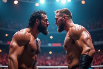 Deux lutteurs en face à face dans le ring avec foule enthousiaste