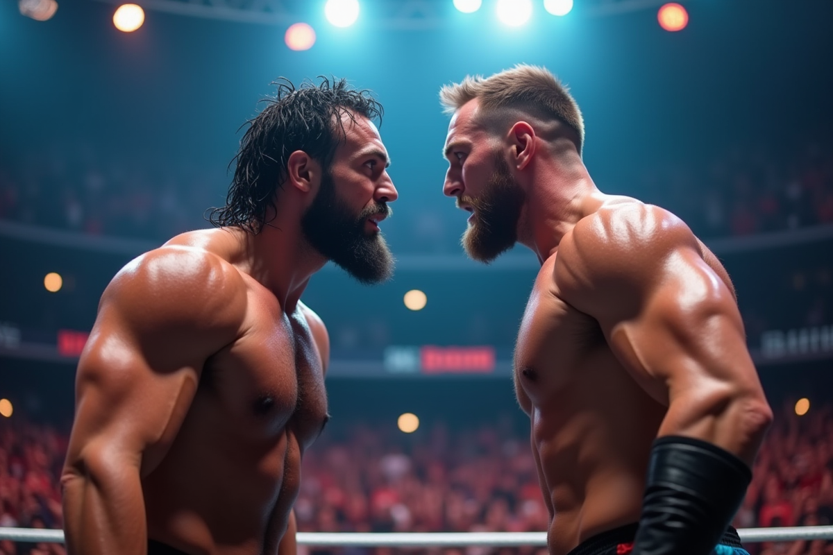 Deux lutteurs en face à face dans le ring avec foule enthousiaste