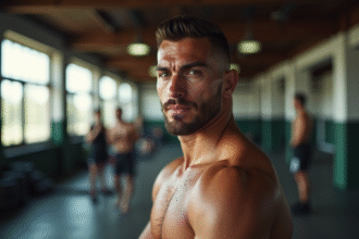 Fighter MMA confiant dans une salle d'entrainement lumineuse