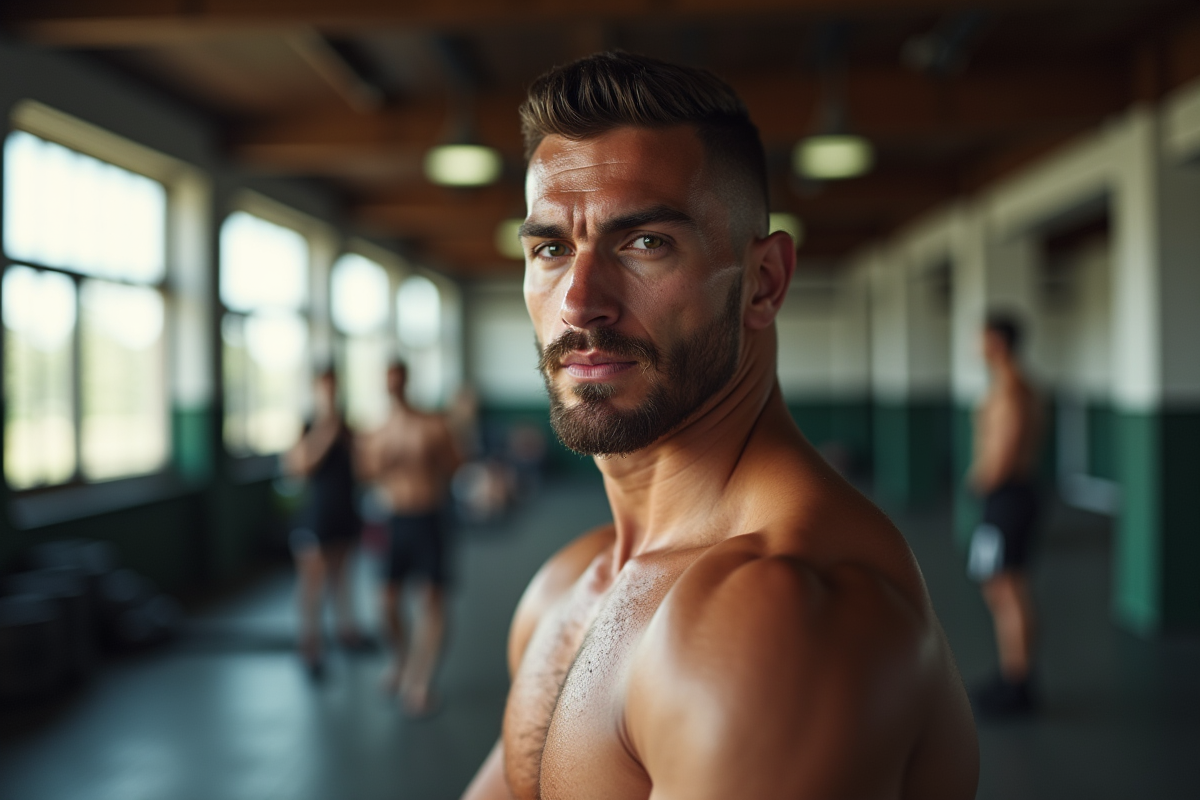 Fighter MMA confiant dans une salle d'entrainement lumineuse