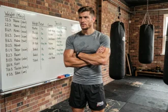 Combattant MMA debout devant un tableau de stratégie avec les catégories de poids UFC inscrites, dans une salle d'entraînement professionnelle