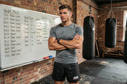 Combattant MMA debout devant un tableau de stratégie avec les catégories de poids UFC inscrites, dans une salle d'entraînement professionnelle
