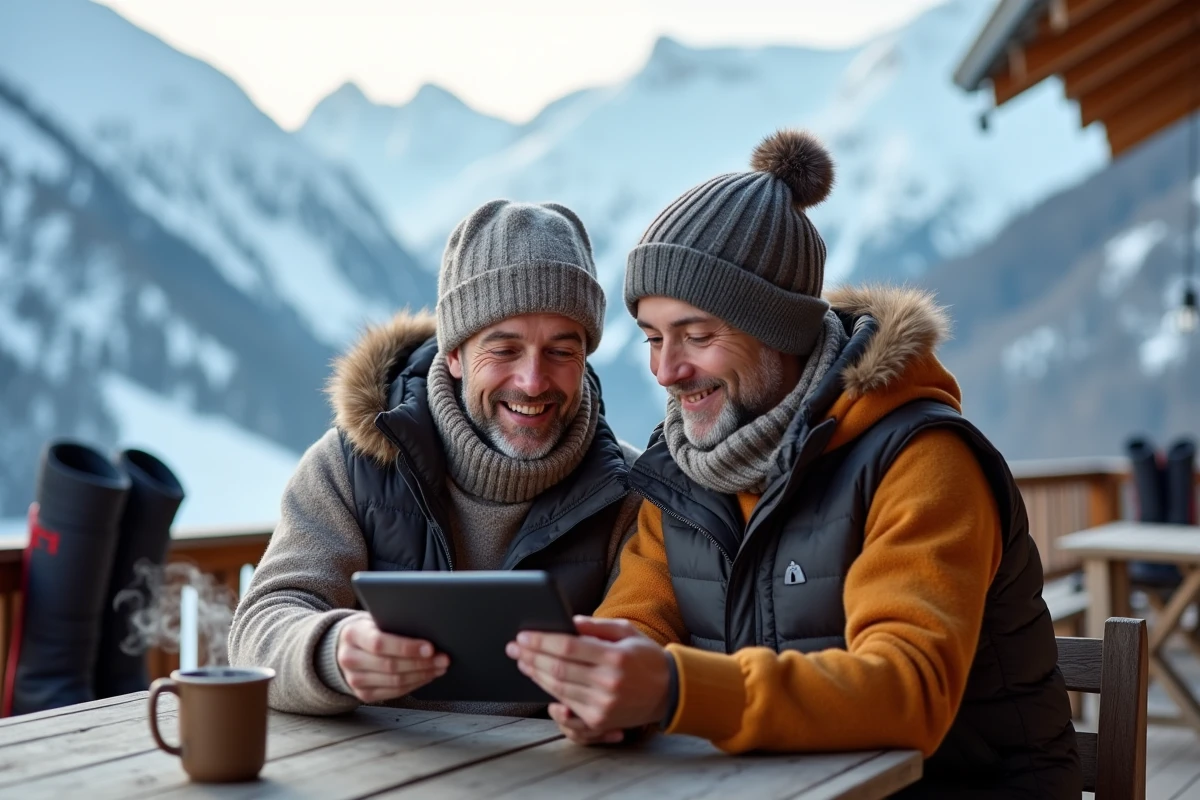 Couple en tenue après-ski comparant les options de forfait saison sur une terrasse de montagne à La Plagne