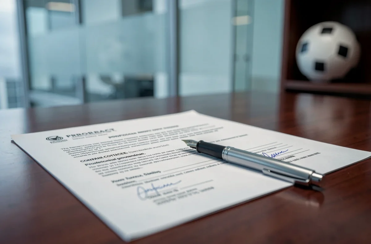 Contrat de football professionnel et stylo sur un bureau en bois, symbolisant la négociation de salaire et la hiérarchie salariale dans un club de football