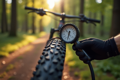 Vérification d'un pneu de VTT avec manomètre en forêt